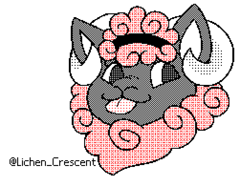 A portrait of Mallow done in a Flipnote Studio style, it's pixel art in very few colors (red and black). Their tongue is sticking out.