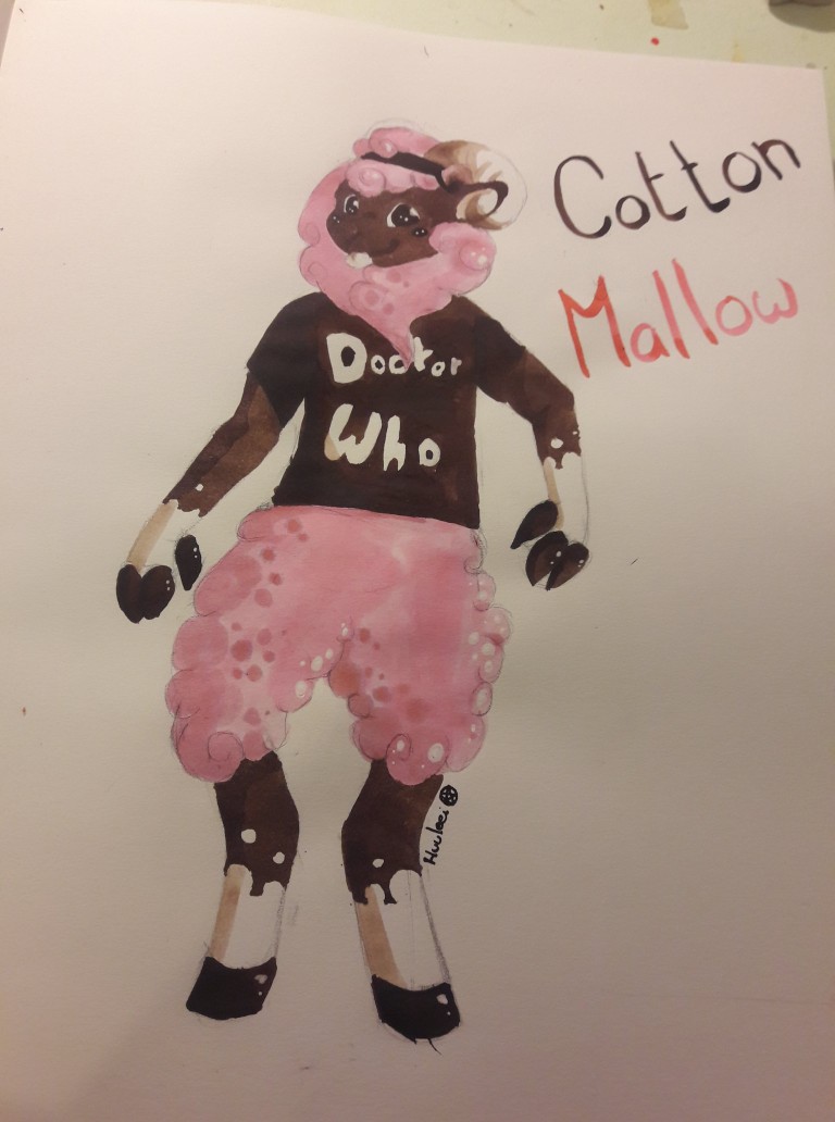A drawing of Mallow done with markers. He is wearing a Doctor Who shirt and smiling in a cute way. He has a headband around his pink wool and his large spiraling horns. The name 'Cotton Mallow' is written next to it.