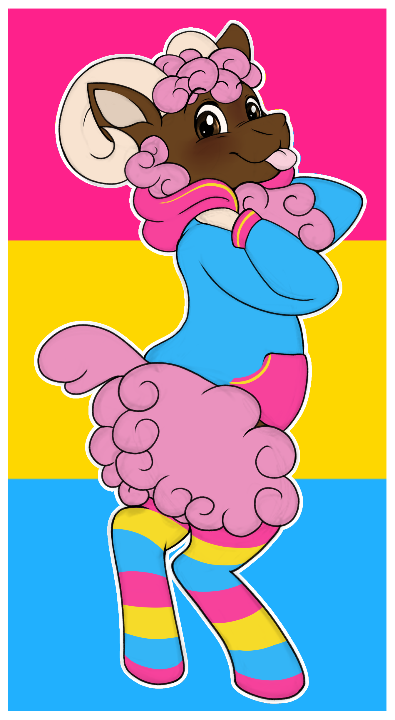 A digital drawing of Mallow. They are wearing thigh-high socks and a hoodie, all in the colors of the pan flag. They are looking at the viewer with their tongue sticking out. The background is a pan flag.