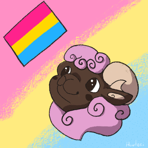 an simple animated gif, showing a pink-wooled sheep's head sticking its tongue out. A magenta, yellow and cyan pansexual pride flag is moving next to it, and also makes up the background of the image.