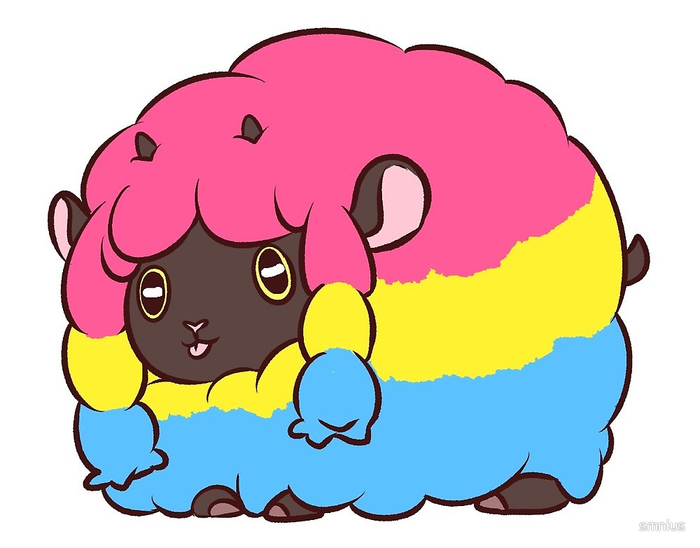 a drawn picture of a wooloo, a sheep pokemon, sticking out its tongue in a cute way. Its coat is in the color of the pansexual pride flag : magenta, yellow, and cyan.