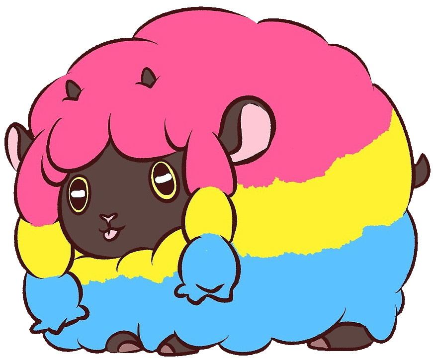 a drawn picture of a wooloo, a sheep pokemon, sticking out its tongue in a cute way. Its coat is in the color of the pansexual pride flag : magenta, yellow, and cyan.